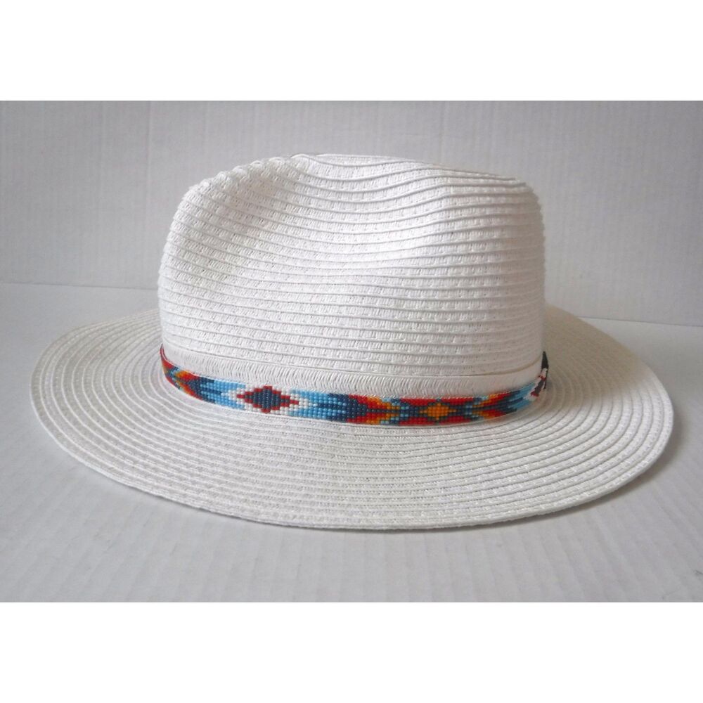 Beaded Hat Band Blues, Orange, Red & White w/ Leather
